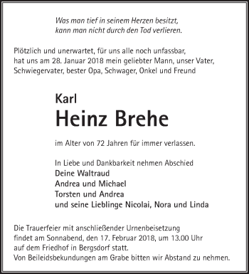 Traueranzeige von Heinz Brehe von Märkische Oderzeitung