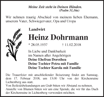 Traueranzeige von Heinz Dohrmann von Märkische Oderzeitung