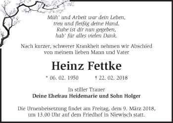 Traueranzeige von Heinz Fettke von Märkische Oderzeitung