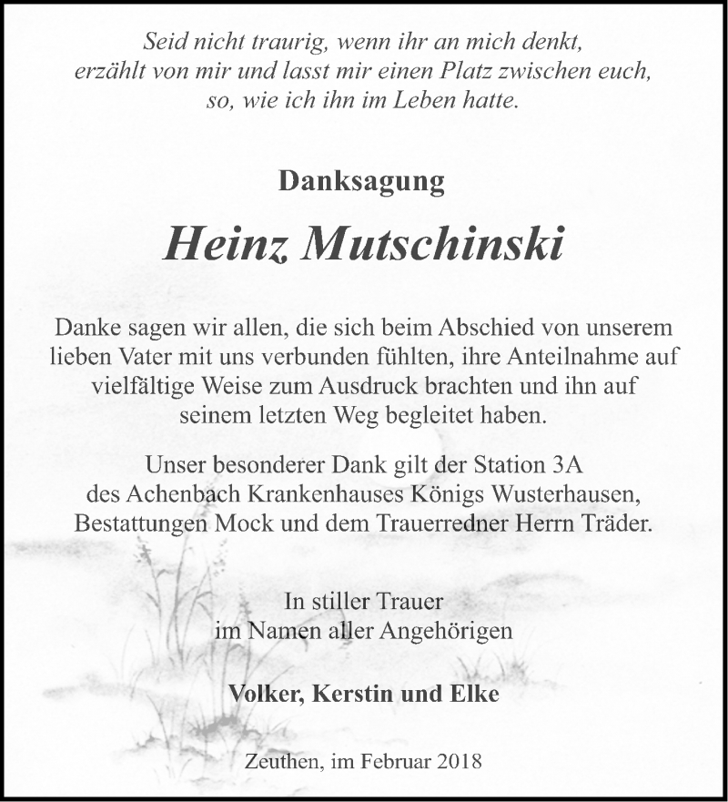  Traueranzeige für Heinz Mutschinski vom 24.02.2018 aus Märkische Oderzeitung