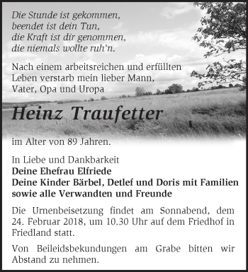 Traueranzeige von Heinz Traufetter von Märkische Oderzeitung