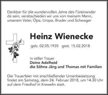 Traueranzeige von Heinz Wienecke von Märkische Oderzeitung