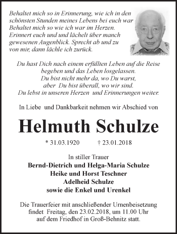 Traueranzeige von Helmuth Schulze von Märkische Oderzeitung