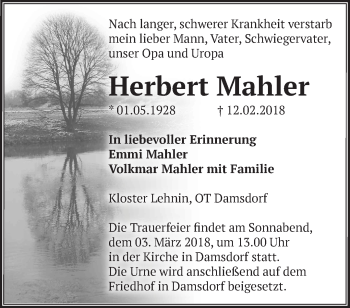 Traueranzeige von Herbert Mahler von Märkische Oderzeitung