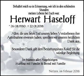 Traueranzeige von Herwart Haseloff von Märkische Oderzeitung