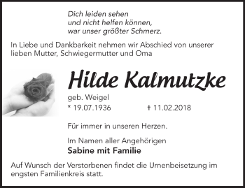 Traueranzeige von Hilde Kalmutzke von Märkische Oderzeitung