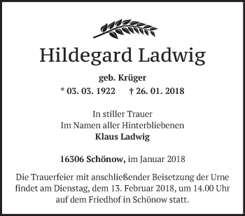 Traueranzeige von Hildegard Ladwig von Märkische Oderzeitung