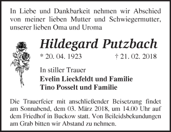 Traueranzeige von Hildegard Putzbach von Märkische Oderzeitung