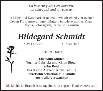 Traueranzeige von Hildegard Schmidt von Märkische Oderzeitung