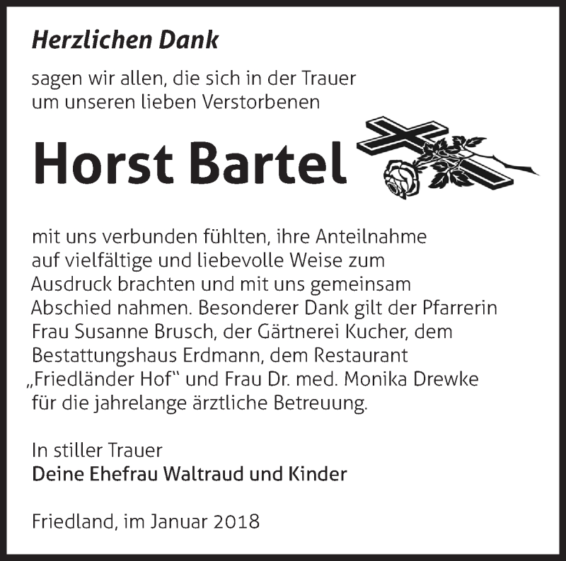  Traueranzeige für Horst Bartel vom 03.02.2018 aus Märkische Oderzeitung
