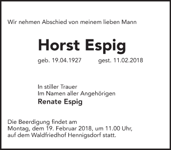 Traueranzeige von Horst Espig von Märkische Oderzeitung