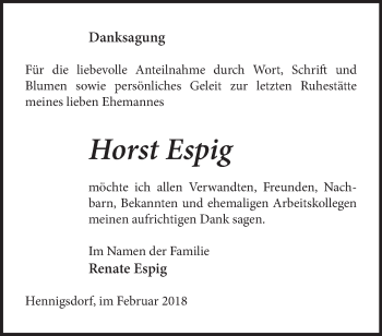 Traueranzeige von Horst Espig von Märkische Oderzeitung