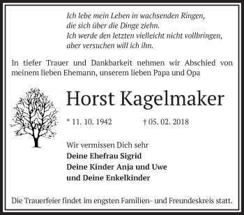 Traueranzeige von Horst Kagelmaker von Märkische Oderzeitung