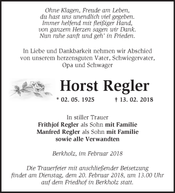 Traueranzeige von Horst Regler von Märkische Oderzeitung