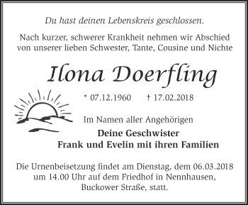 Traueranzeige von Ilona Doerfling von Märkische Oderzeitung