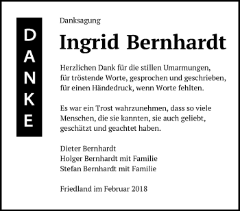 Traueranzeige von Ingrid Bernhardt von Märkische Oderzeitung