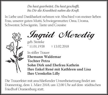 Traueranzeige von Ingrid Meredig von Märkische Oderzeitung