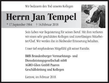 Traueranzeige von Jan Tempel von Märkische Oderzeitung