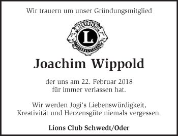 Traueranzeige von Joachim Wippold von Märkische Oderzeitung