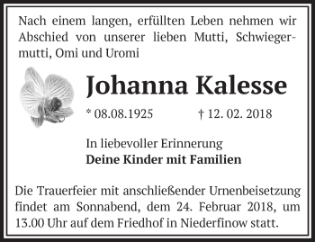 Traueranzeige von Johanna Kalesse von Märkische Oderzeitung