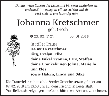 Traueranzeige von Johanna Kretschmer von Märkische Oderzeitung