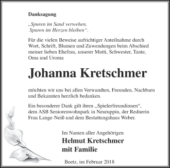 Traueranzeige von Johanna Kretschmer von Märkische Oderzeitung