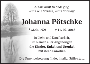 Traueranzeige von Johanna Pötschke von Märkische Oderzeitung