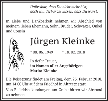 Traueranzeige von Jürgen Kleinke von Märkische Oderzeitung