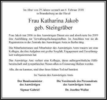 Traueranzeige von Katharina Jakob von Märkische Oderzeitung