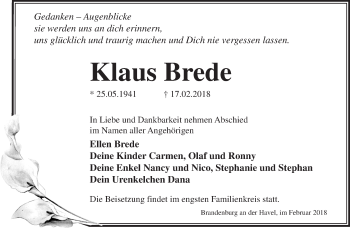 Traueranzeige von Klaus Brede von Märkische Oderzeitung
