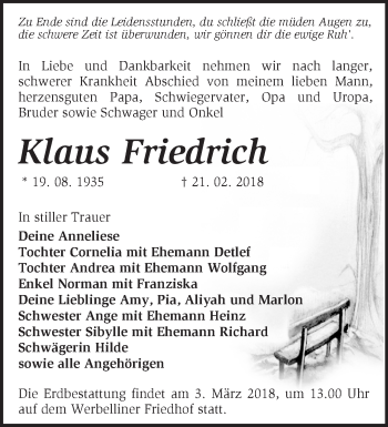 Traueranzeige von Klaus Friedrich von Märkische Oderzeitung