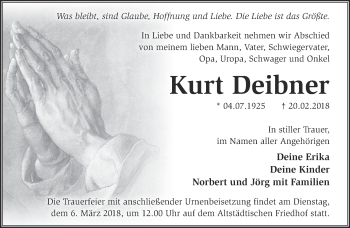 Traueranzeige von Kurt Deibner von Märkische Oderzeitung