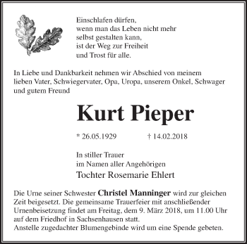 Traueranzeige von Kurt Pieper von Märkische Oderzeitung