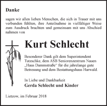 Traueranzeige von Kurt Schlecht von Märkische Oderzeitung