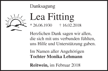 Traueranzeige von Lea Fitting von Märkische Oderzeitung