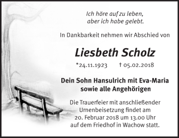 Traueranzeige von Liesbeth Scholz von Märkische Oderzeitung