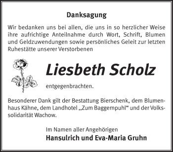 Traueranzeige von Liesbeth Scholz von Märkische Oderzeitung