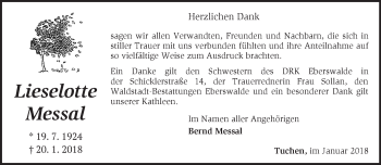 Traueranzeige von Lieselotte Messal von Märkische Oderzeitung