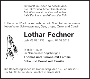 Traueranzeige von Lothar Fechner von Märkische Oderzeitung