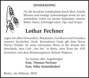 Traueranzeige von Lothar Fechner von Märkische Oderzeitung