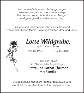 Traueranzeige von Lotte Wildgrube von Märkische Oderzeitung