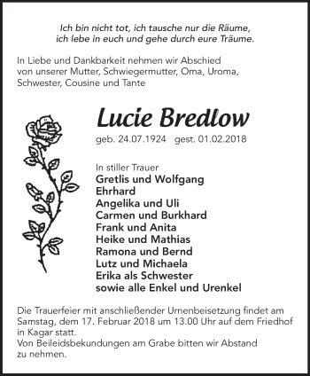 Traueranzeige von Lucie Bredlow von Märkische Oderzeitung