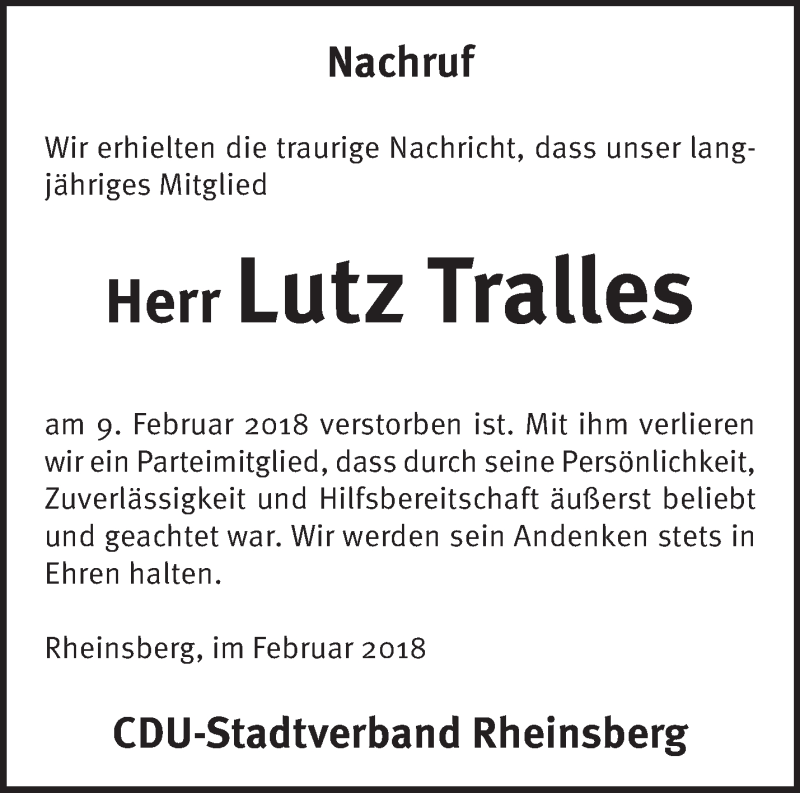  Traueranzeige für Lutz Tralles vom 24.02.2018 aus Märkische Oderzeitung