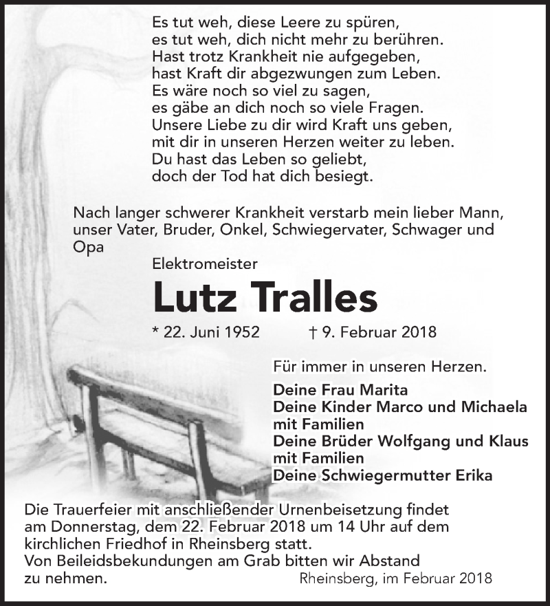  Traueranzeige für Lutz Tralles vom 14.02.2018 aus Märkische Oderzeitung