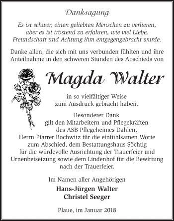 Traueranzeige von Magda Walter von Märkische Oderzeitung