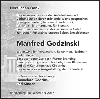 Traueranzeige von Manfred Godzinski von Märkische Oderzeitung