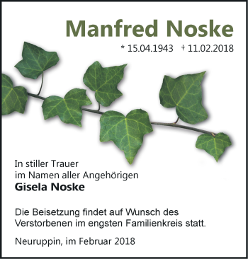 Traueranzeige von Manfred Noske von Märkische Oderzeitung