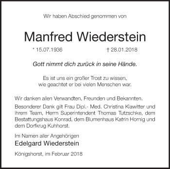 Traueranzeige von Manfred Wiederstein von Märkische Oderzeitung