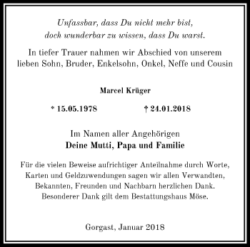 Traueranzeige von Marcel Krüger von Märkische Oderzeitung