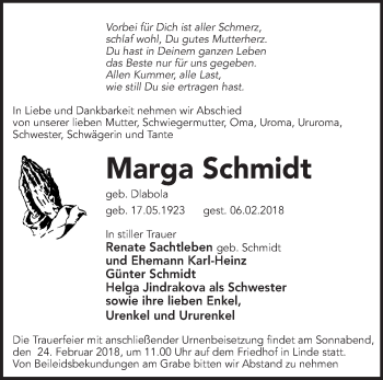 Traueranzeige von Marga Schmidt von Märkische Oderzeitung